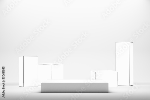 Realistic 3d rendering white platform for product display with bright solids.