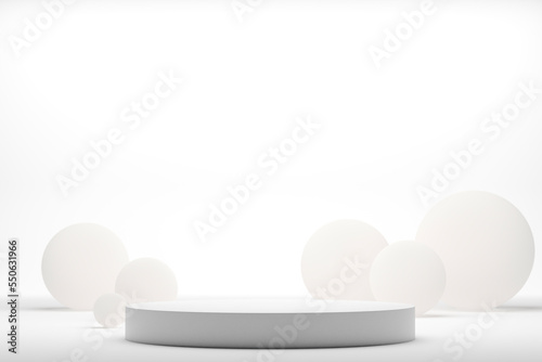 Realistic 3d rendering white platform for product display with spheres.