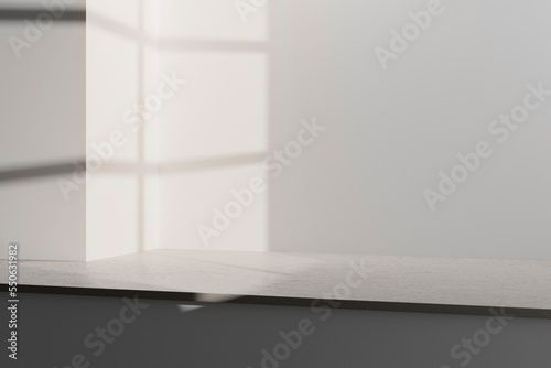 Realistic 3d rendering of white wall with marble shelf and window light.