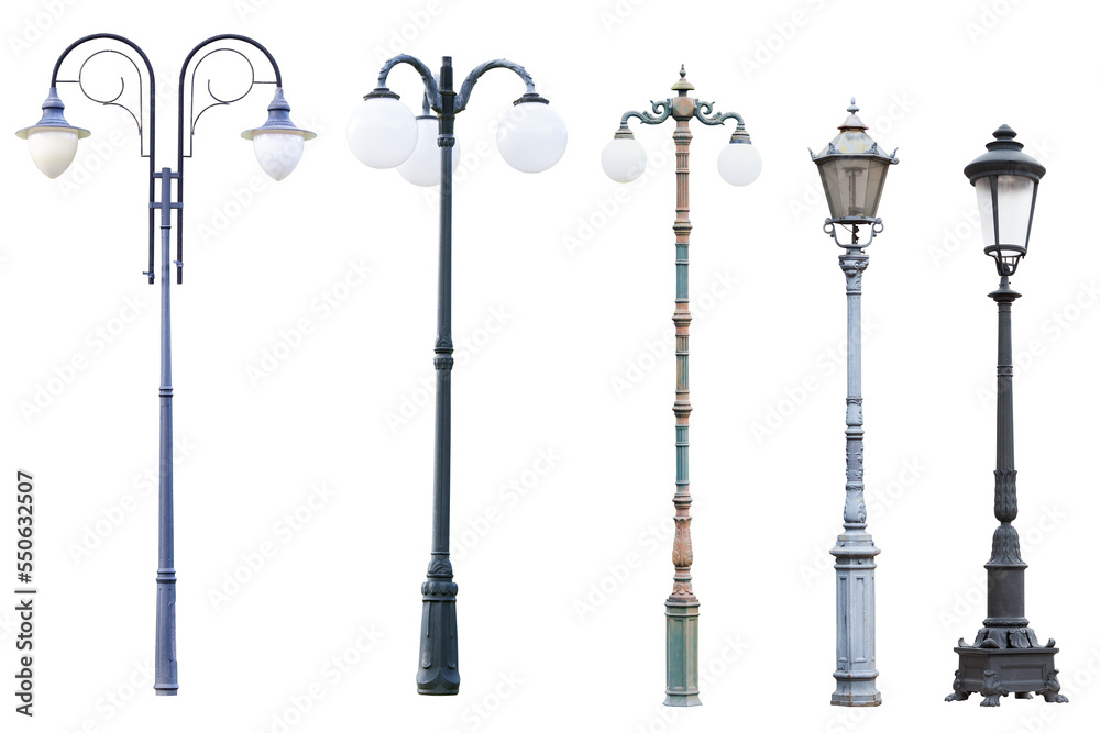 Real vintage street lamp posts and lanterns isolated - obrazy, fototapety, plakaty 
