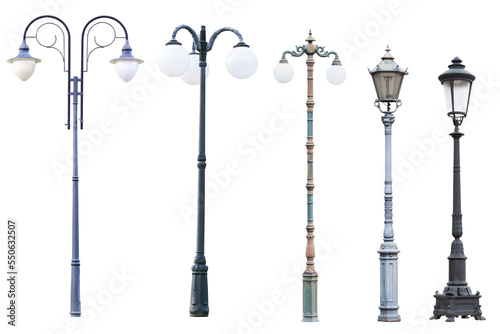 Real vintage street lamp posts and lanterns isolated photo