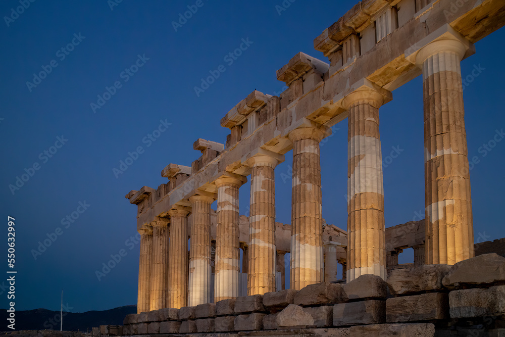 View of the Parthenon by night in the Acropolis Hill in Athens, Greece