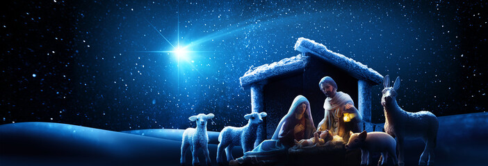 Nativity Of Jesus. The Birth of Jesus Christ, Religious Scene of the Sagrada Familia. Magic Comet in the Starry Sky
