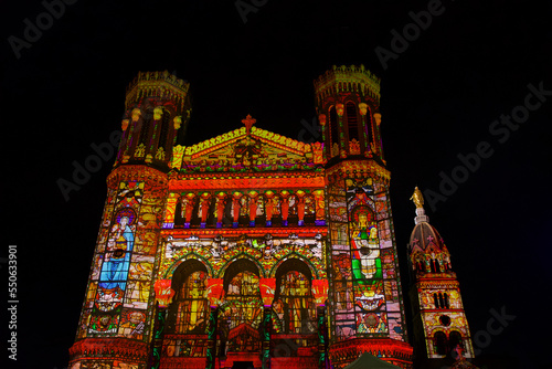 Marvellous facade of the Basilica of Fourvière in Lyon on which multicoloured images are projected on the occasion of the traditional annual festival of lights