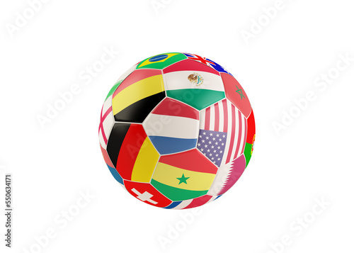 3d rendering of football soccerball with team national flags of qatar 2022