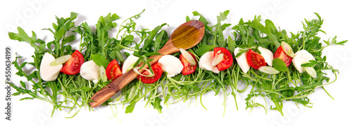 Tomato Mozzarella Panorama with Olive Oil on Rocket Salad isolated on white Background