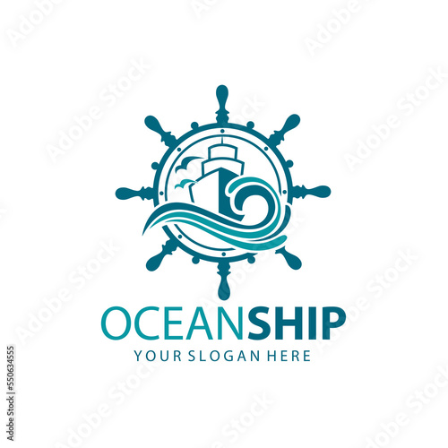 icon of ship, handwheel and ocean waves with seagulls isolated on white background