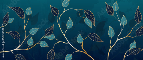 Abstract golden foliage line vector background. Luxurious golden wallpaper of blue leaves, tree, leaf branch in gold pattern. Elegant botanical jungle for banner, prints, decoration, fabric.