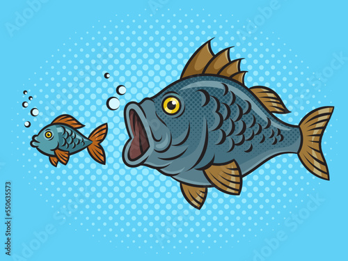 big fish chases small fish pinup pop art retro vector illustration. Comic book style imitation.