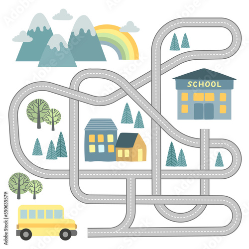 Vector maze game for kids with vehicles and tangled road. Help school bus find path to school. Labyrinth back to school