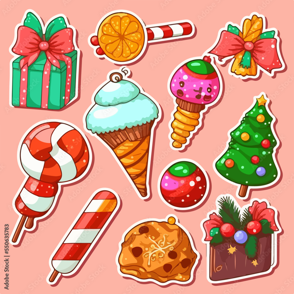 A set of christmas sweets, xmas candy sticker collection with ornament. Winter collection A set of christmas sweets, xmas candy sticker collection with ornament. Winter collection
