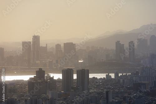 Han river scenic of sunset moment from the mountain (Seoul cityscape)