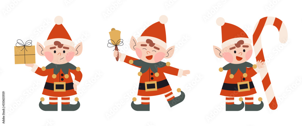 Set of christmas elves. Little Santa's helpers with holiday gift, ringing xmas bell, candy. Dwarf little fantasy helper. Elf for party invitations or greeting cards. Flat vector. Set of christmas elves. Little Santa's helpers with holiday gift, ringing xmas bell, candy. Dwarf little fantasy helper. Elf for party invitations or greeting cards. Flat vector.