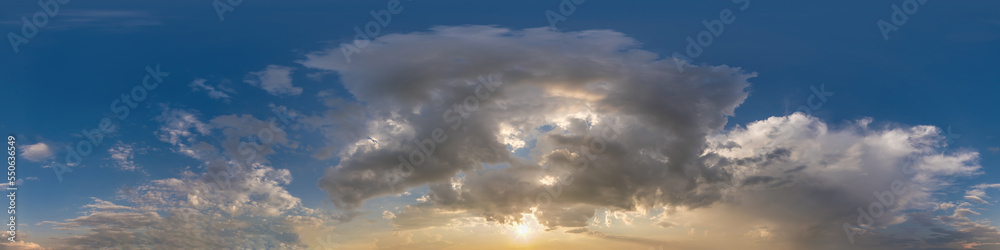 blue sunset sky with clouds as seamless hdri 360 panorama view with zenith in spherical equirectangular format for use in 3d graphics or game development as sky dome or edit drone shot