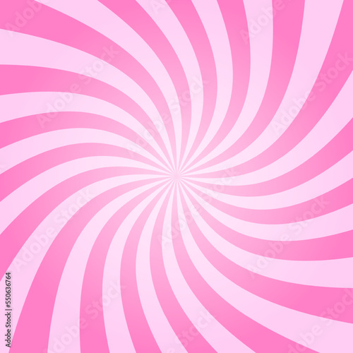 Radial twisted stipes  pinwheel pattern  vortex rosy sunset. Pink circus  festival or carnival background. Strawberry bubble gum  sweet lollipop candy  ice cream texture. Vector cartoon illustration