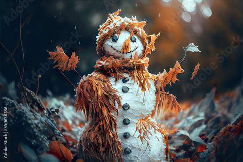 Happy snowman in winter secenery background
