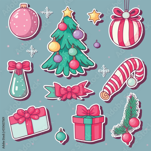 A set of christmas decoration, xmas attribute sticker collection decoration. New-year holidays