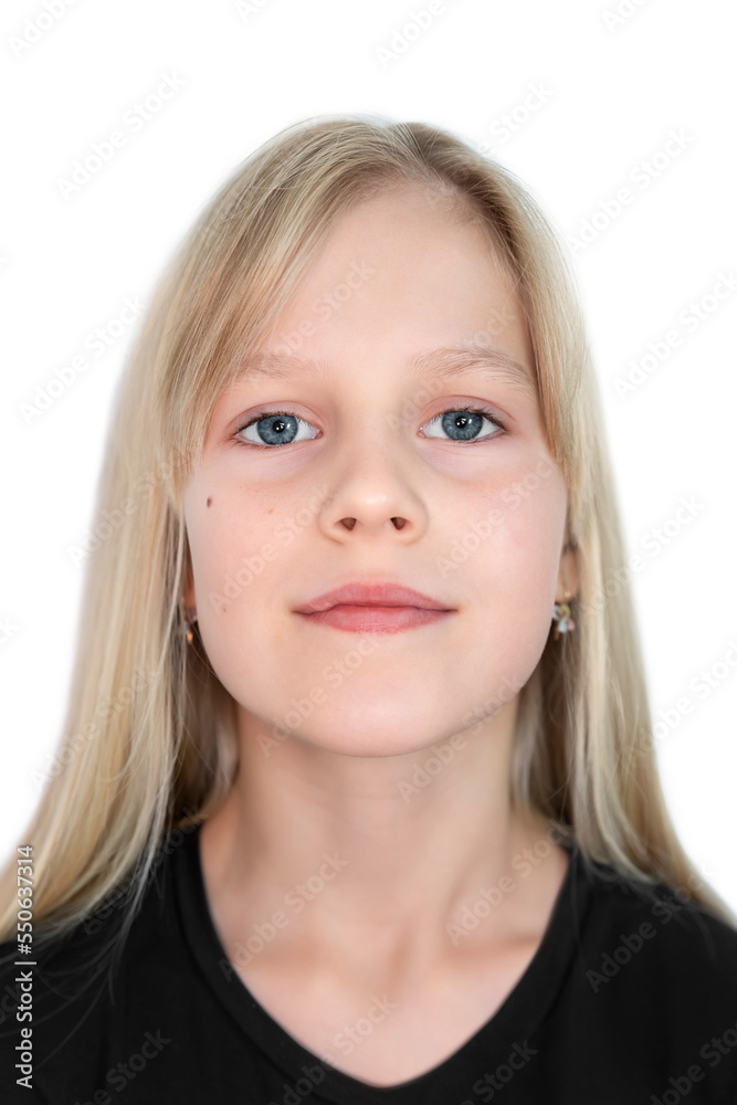 Close-up shoulder photo for ID identification card of little cute 10 years caucasian beautiful blonde girl isolated on white background. Female kid person identity card passport document portrait Close-up shoulder photo for ID identification card of little cute 10 years caucasian beautiful blonde girl isolated on white background. Female kid person identity card passport document portrait