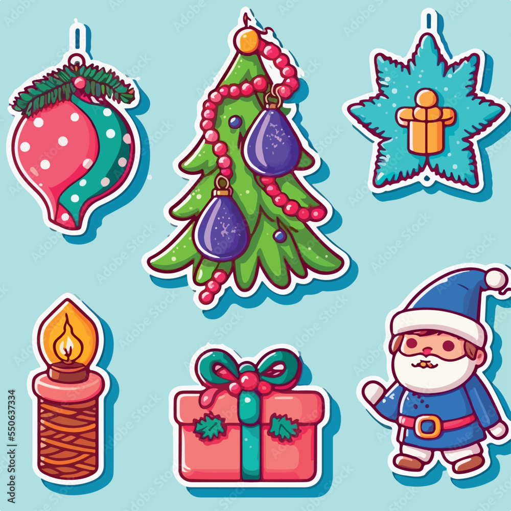 Naklejka premium A set of christmas decor, xmas attribute sticker collection with ornament. New-year collection
