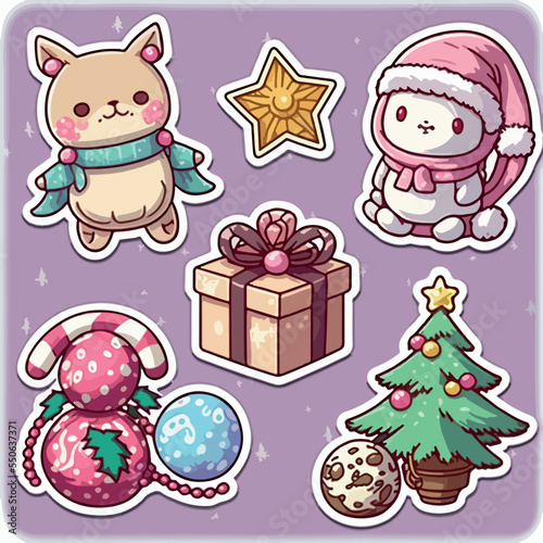 A set of christmas decor, xmas attribute sticker collection pack. New-year holidays