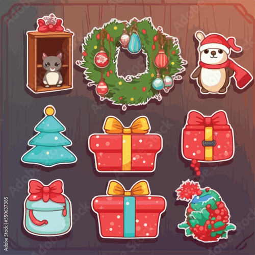 A set of christmas decor, xmas attribute ornament sticker collection. New-year holidays