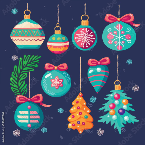 Christmas decoration sticker set, xmas attribute sticker collection with ornament. Winter holidays