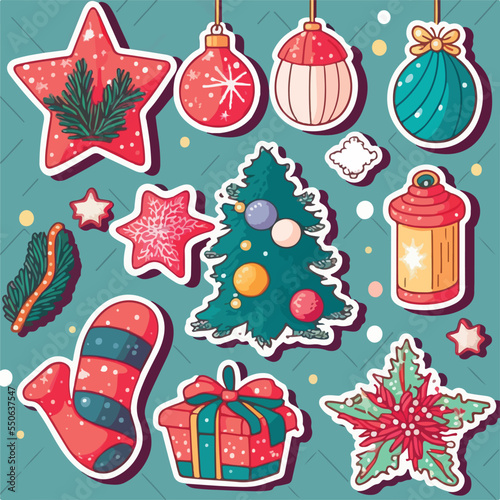 Christmas decoration sticker set, xmas attribute sticker collection isolated decoration. New-year collection