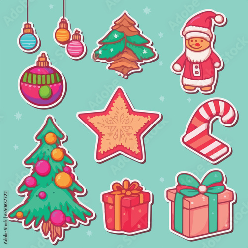 Christmas decoration sticker set, xmas attribute sticker collection with ornament. Winter collection © Llama-World-studio