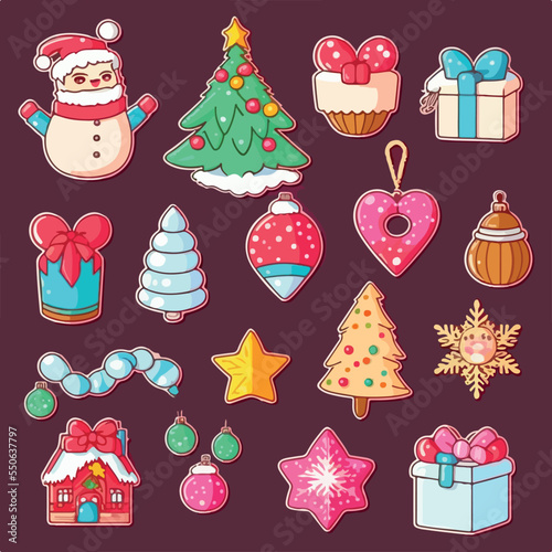 Christmas decor sticker set, xmas attribute printable sticker collection sheet. Winter holidays