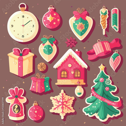 Christmas decor sticker set, xmas attribute sticker collection decoration. New-year collection
