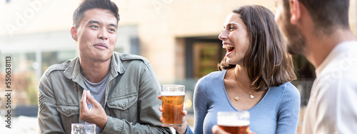 Photography Horizontal banner or header with multiracial friends drinking beer at brewery pu