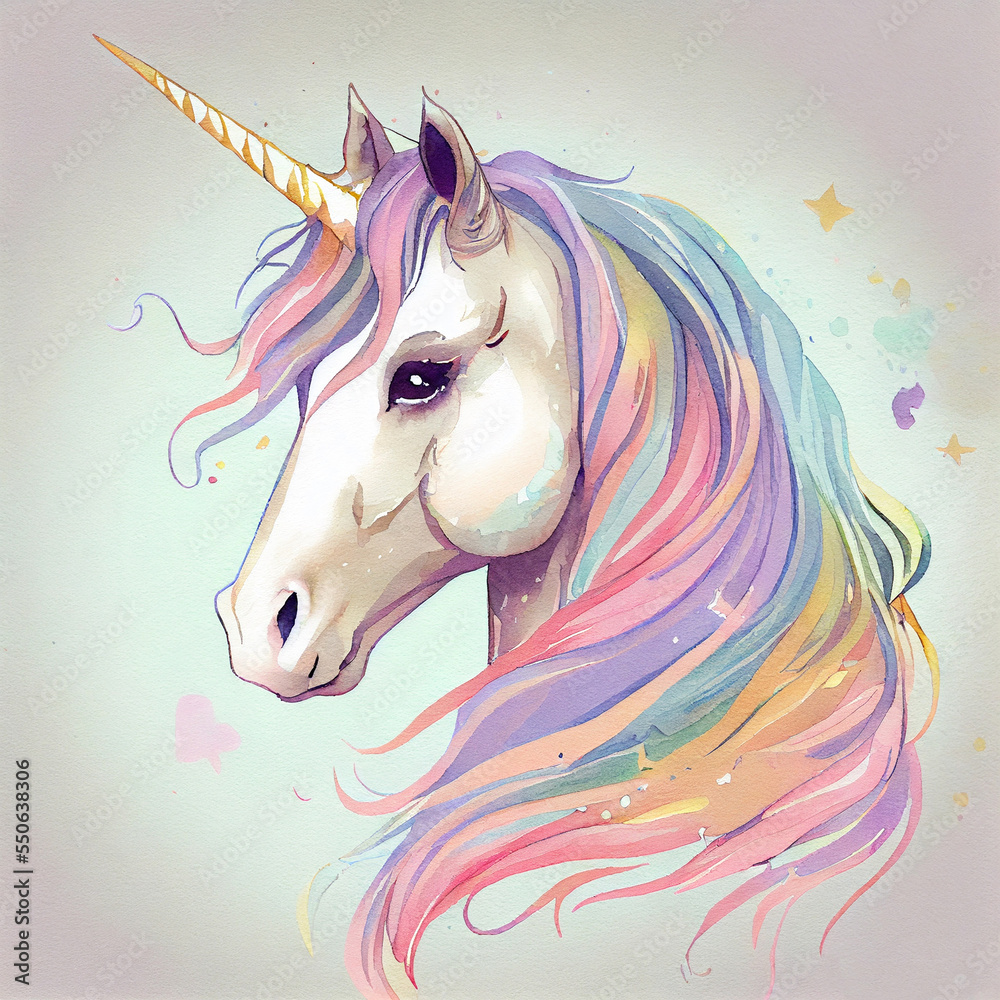 Fototapeta premium Unicorn illustration for children design. Rainbow hair. Isolated. Cute fantasy animal.