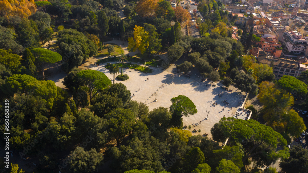 Aerial view on the Pincio terrace in Rome, Italy. This square is located within the Villa Borghese gardens.
