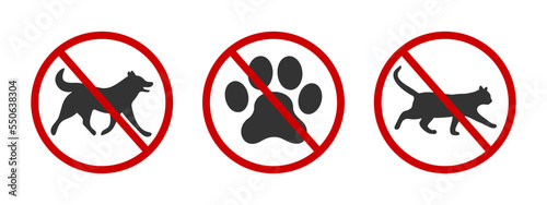 No pets allowed icons. Domestic animals walking ban zone signs. Dogs or cats forbidden labels for parks, hotels, restaurants isolated on white background. Vector graphic illustration