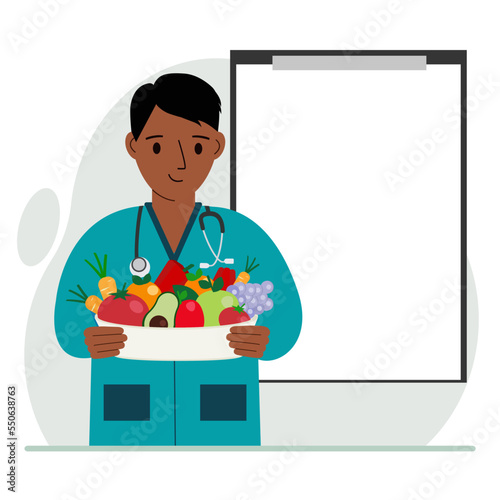 Male doctor with a plate of vegetables and fruits. Clipboard blank for your text. The concept of diet, proper nutrition, health.