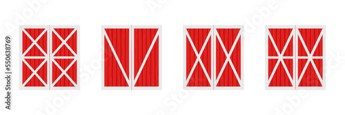 Set of red wooden barn doors. Front view. Elements of farm warehouse buildings isolated on white background. Vector cartoon illustration.