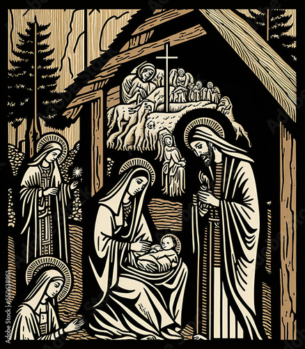 woodcut print of a christmas nativity scene 