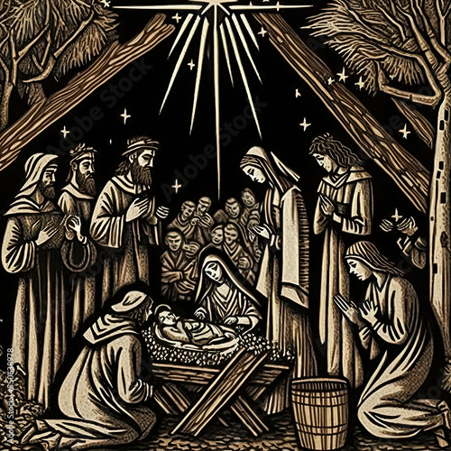 woodcut print of a christmas nativity scene 