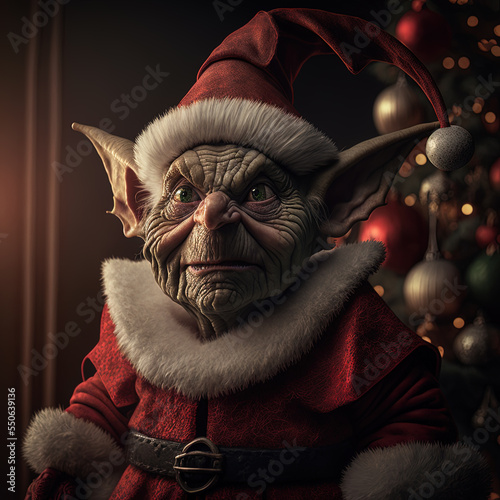 goblin wearing santa claus costume, AI generative illustration photo