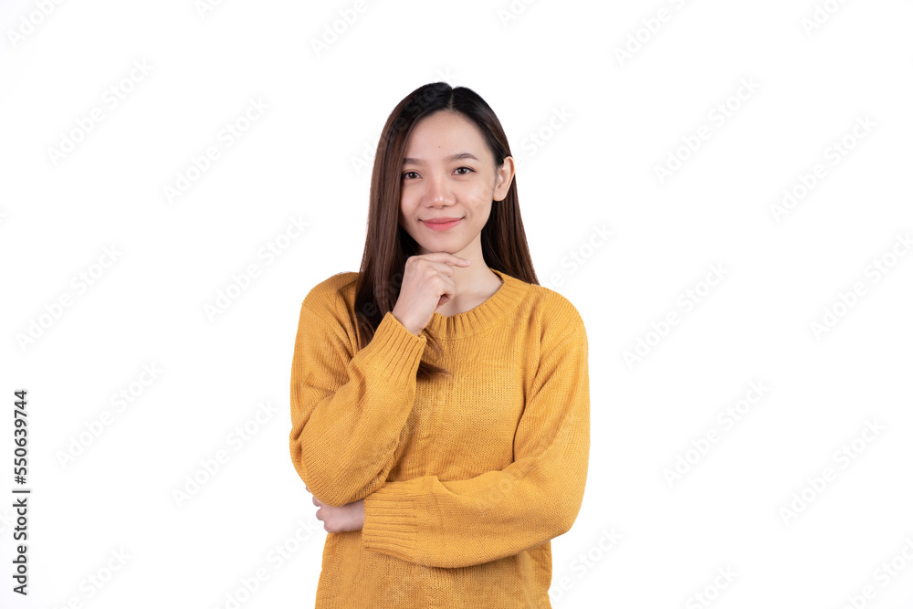 Young asian woman, professional entrepreneur standing in office, smiling and looking confident, white background Young asian woman, professional entrepreneur standing in office, smiling and looking confident, white background