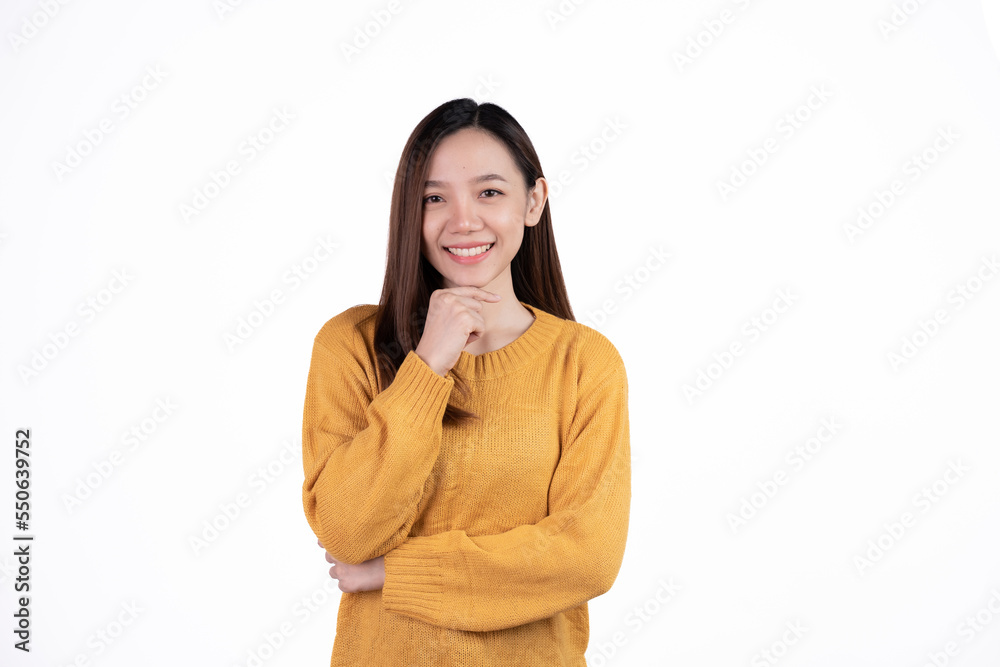 Young asian woman, professional entrepreneur standing in office, smiling and looking confident, white background Young asian woman, professional entrepreneur standing in office, smiling and looking confident, white background
