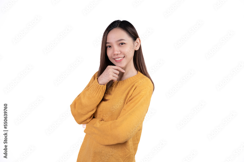 Young asian woman, professional entrepreneur standing in office, smiling and looking confident, white background Young asian woman, professional entrepreneur standing in office, smiling and looking confident, white background