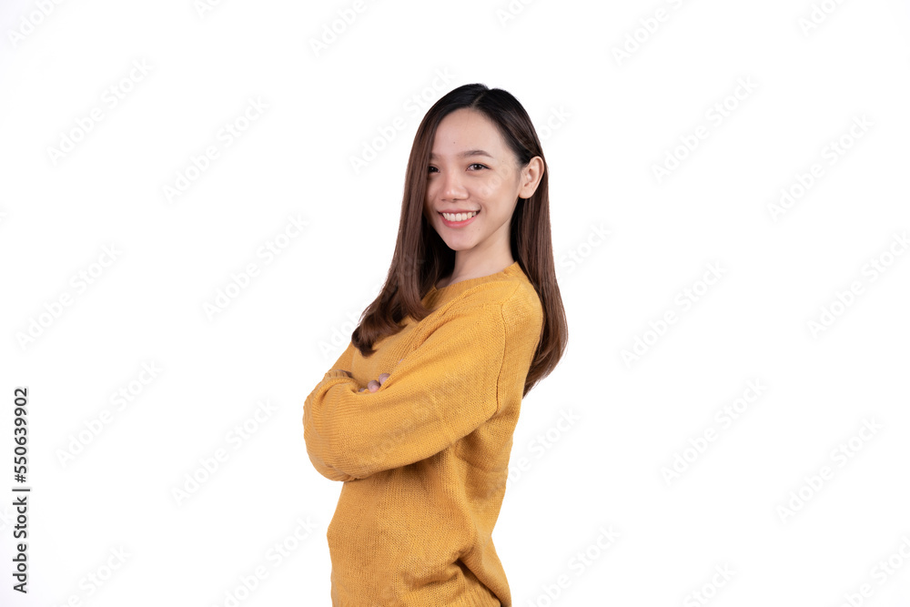 Young business woman hugs herself, smiling carefree and happy isolated on white background. Young business woman hugs herself, smiling carefree and happy isolated on white background.