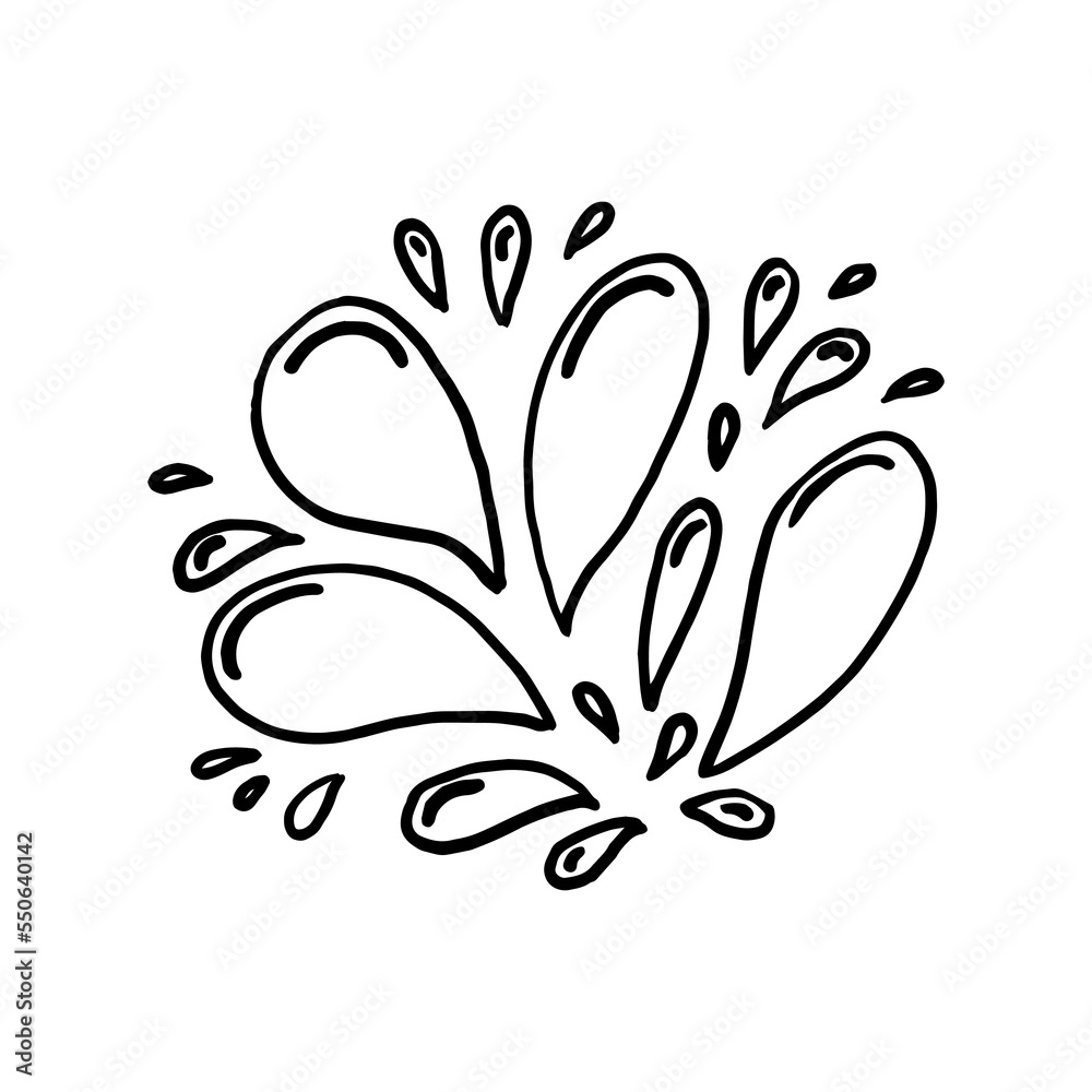 A lot of small spray and droplets. Contour water drop icon. Hand drawn cartoon illustration of aqua. Symbol of splashing liquid in doodle style. Isolated outline vector image on white background.
