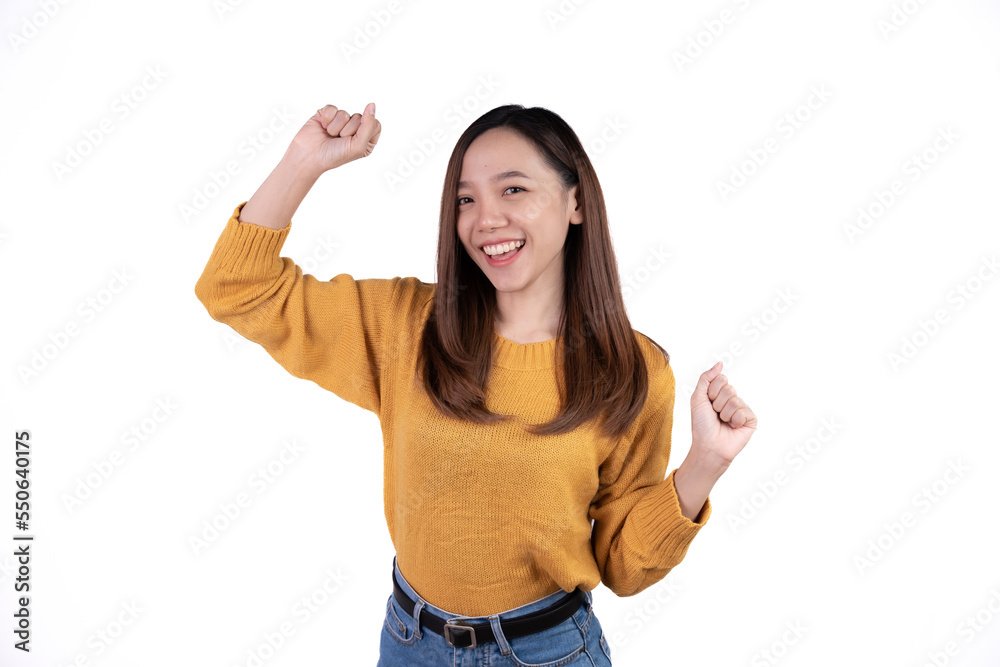 Portrait young asian girl overjoyed dancing wearing casual clothes isolated on white color background.