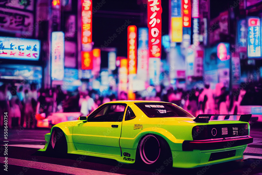 Tuned green car in Tokyo with neon lights, JDM Japanese Domestic Market