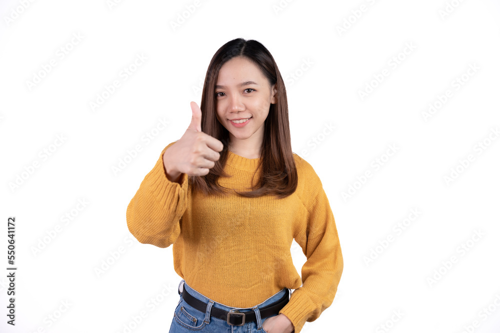Portrait happy Asian woman shows ok sign and looking at the camera isolated on white background. Portrait happy Asian woman shows ok sign and looking at the camera isolated on white background.