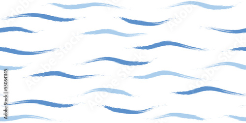 Seamless Wave Pattern, Hand drawn cute water vector background. Watercolor sea brush smears, baby paint lines design
