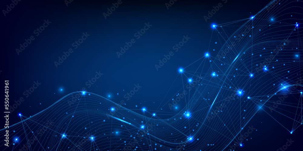 Fototapeta premium Technology low poly wireframe with virtual futuristic dynamic wave. Science grid, plexus, polygon connection structure. Geometric graphic design vector.