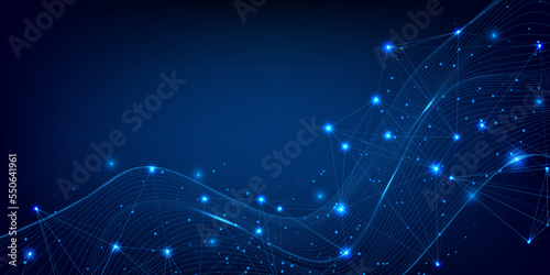 Technology low poly wireframe with virtual futuristic dynamic wave. Science grid, plexus, polygon connection structure. Geometric graphic design vector.